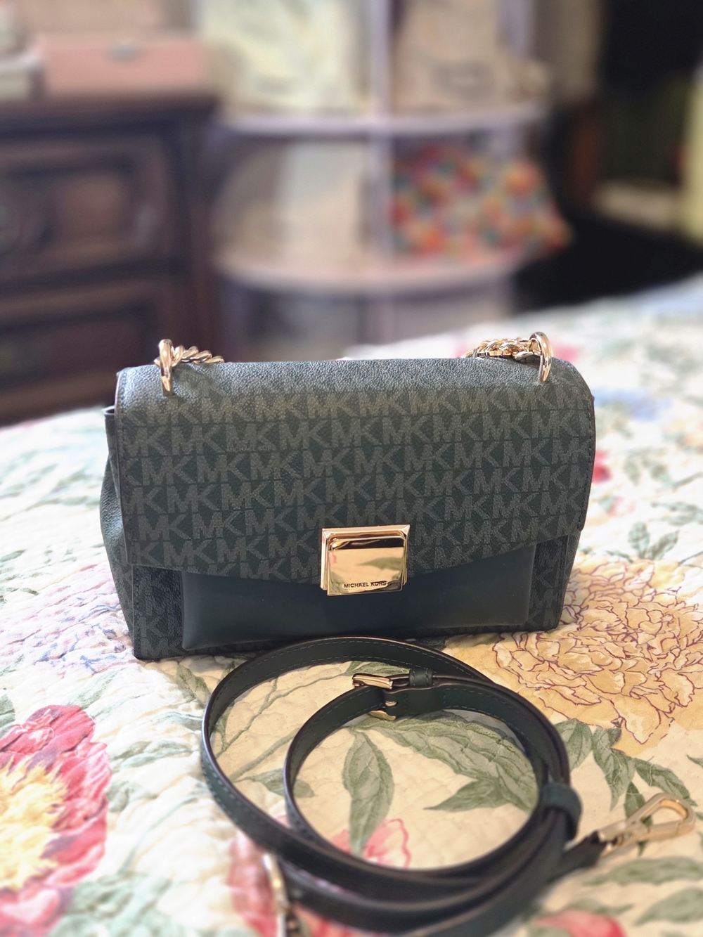 Michael Kors Dark Green MK Logo Chain Crossbody Bag with Gold Hardware